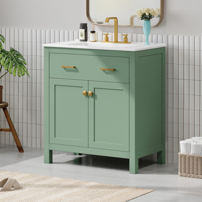 Meuble-lavabo de 30 pouces avec lavabo en céramique, armoire de salle de bain simple verte moderne avec 2 portes et une tablette, portes à fermeture en douceur