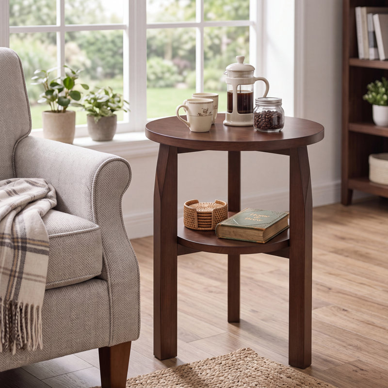 Table de bout en bois d'hévéa massif avec tablette de rangement et petite table d'appoint à 2 niveaux pour le salon, la chambre à coucher
