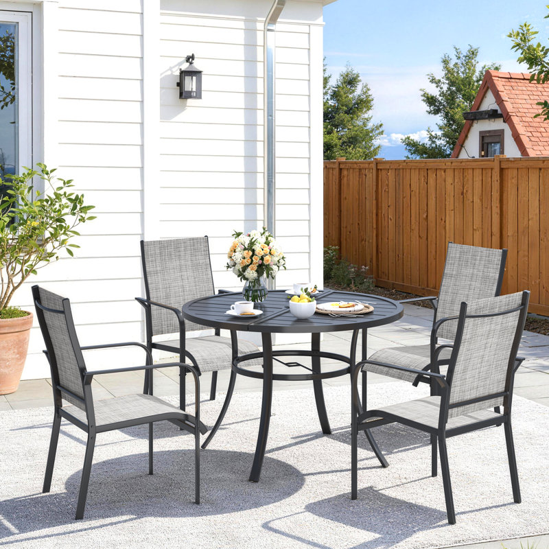 5 Piece Patio Dining Set, Outdoor Dining Table And Chairs Set For 4, 4 PVC-coated polyester Chairs, 1 Iron Round Table With Adjustable Umbrella Hole, Patio Furniture Set For Deck, Backyard, Lawn, Poolside