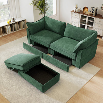 Canapé 2 places avec repose-pieds et rangement, vert chenille, repose-pieds mobile, tiroirs coulissants pour une vie moderne