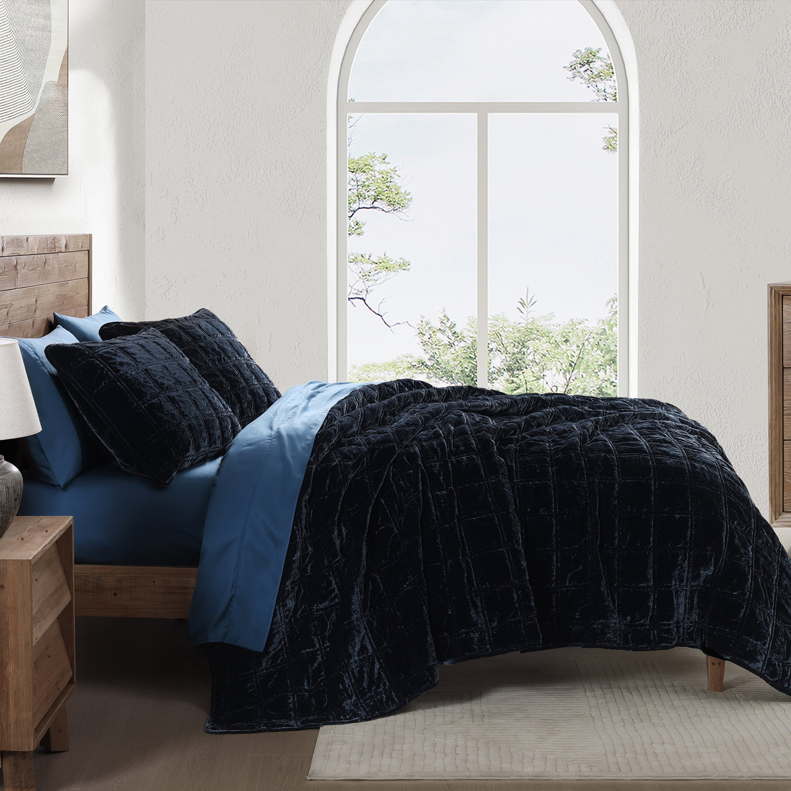 Stella Velvet Quilt Set, King Quilt + 2 King Pillowcases, Midnight Blue