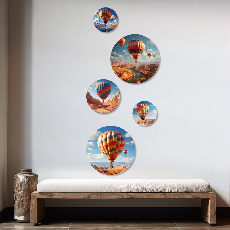 Abstract Colourful Balloon Soaring - Hot Air Balloon Hot Air Balloon Round Wall Art Set Of 5