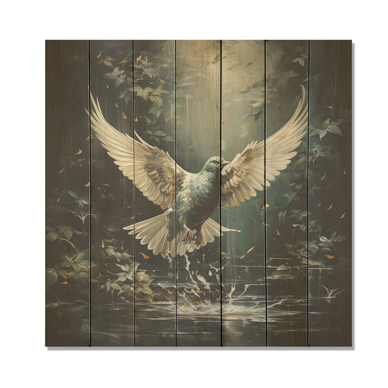 Vert et blanc Dove Take Off Harmony - colombe sur bois, H 15 po x l 15 po