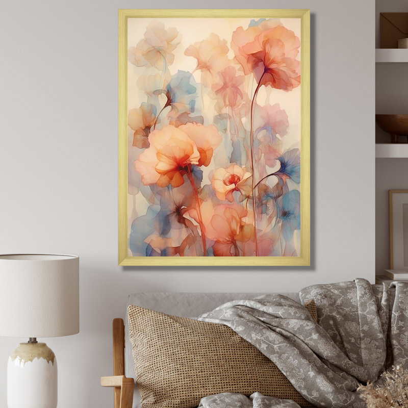 «Blue and Orange Geranium Collage Expression I», reproduction sur toile, Cadre doré simple, H 32 po x l 16 po x P 1 po
