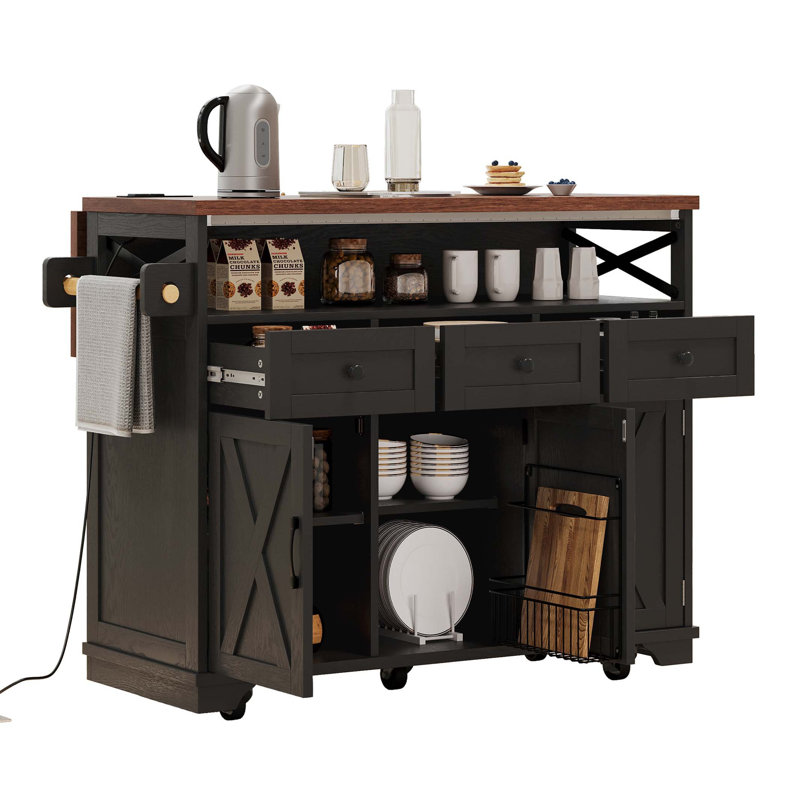 46.5'' Farmhouse Kitchen Island with Drape of Beads, Power Outlet, Rolling Kitchen Cart on Wheels with Drop Leaf, 3 Doors , 3 Drawers and Internal Iron Shelf, for Kitchen, Dining Room