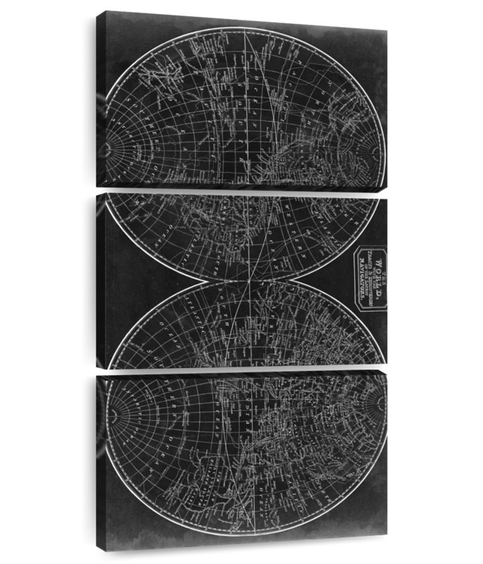 Plan du monde en demi-sphères, H 27 po x l 12 po