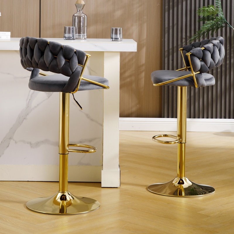 Adjustable Velvet Gold Bar Stools with Woven Open Back for Kitchen Island , Dark Grey