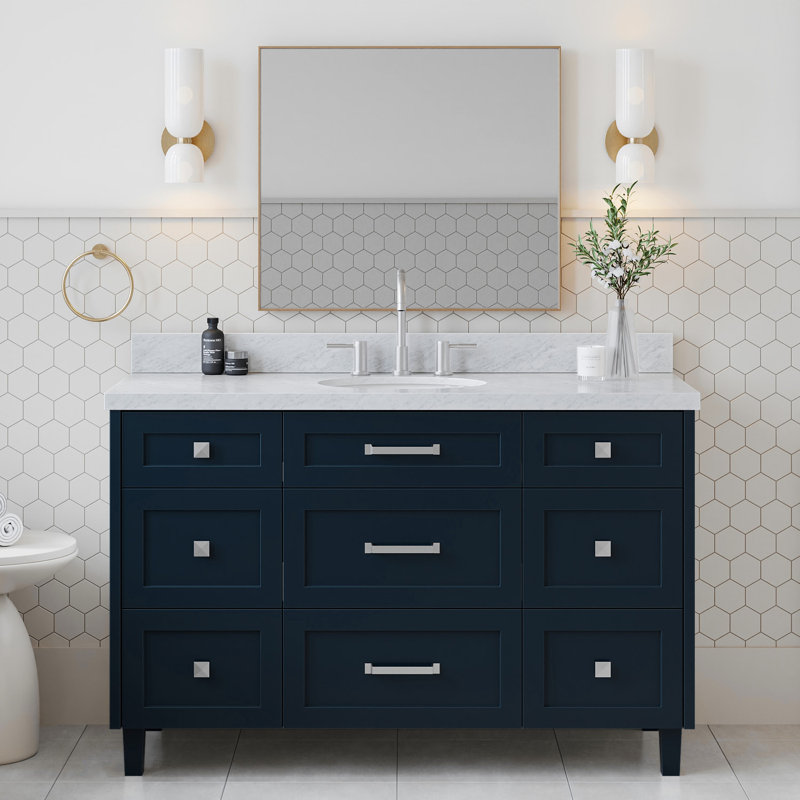 ARIEL Monroe 54 Single Sink Bathroom Vanity with Carrara Quartz Top, Midnight Blue, 54" - 55", Carrara White Quartz
