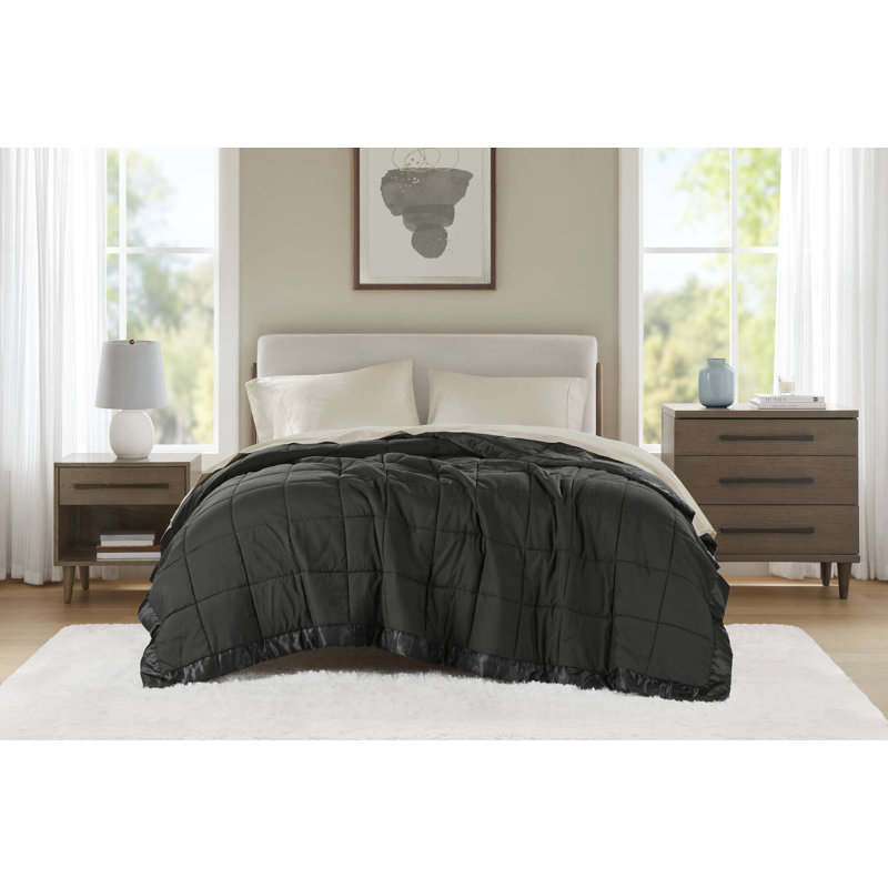 Couverture légère en duvet synthétique avec bordure en satin , Simple, Noir