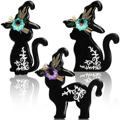 3 Pcs Day Of The Dead Decorations Halloween Black Cat Table Decor Black Cat Tabletop Block Sign Halloween Tiered Tray Decor Rustic Farmhouse Centerpieces For Home Shelf Party Supplies