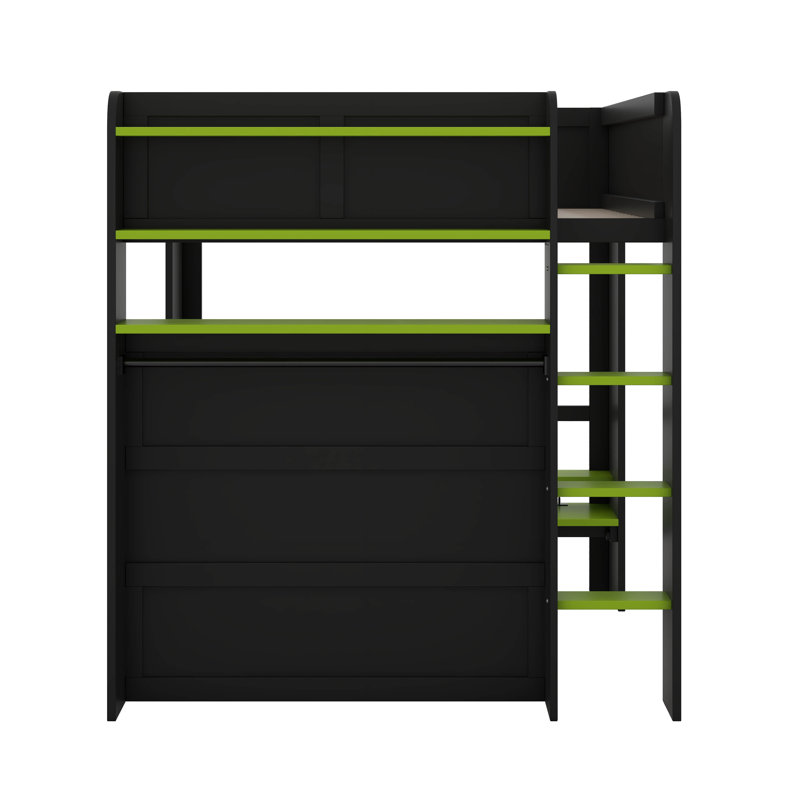 Full Size Wood Bunk Bed With Height-Adjustable Desk,Wardrobe And RGB Light, Green