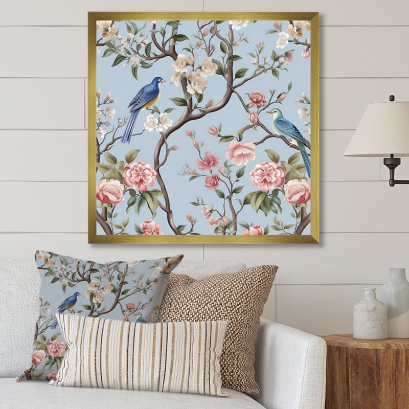 Minimalisme, oiseau sur fleurs IV, impression sur toile, Cadre doré à une seule photo, H 16 po x l 16 po x P 1 po
