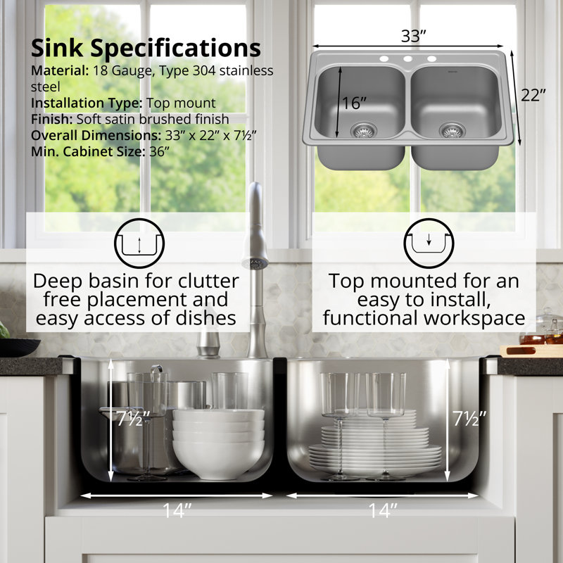 Karran 18-Gauge Stainless Steel 33'' X 22'' 50/50 Double Bowl Drop-in Kitchen Sink Kit