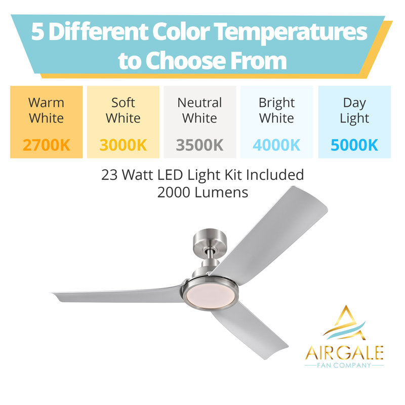 Ventilateur de plafond en nickel brossé à 3 pales de 52 po avec télécommande, ensemble d'éclairage à DEL à intensité variable et moteur réversible Slye