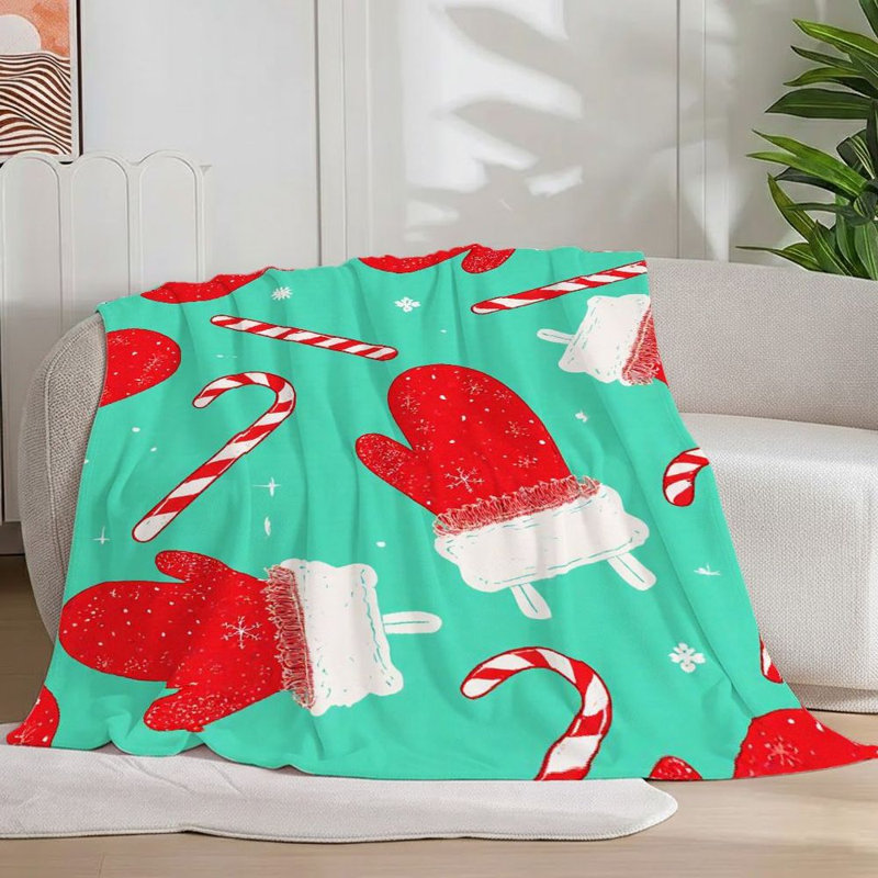 1 paire de mitaines d'hiver rouge / cannes de bonbon, couverture festive à motif festif, conception de Noël douce en flanelle chaude, imprimé flocon de neige, ludique et fantaisiste pour canapé / lit / voyage, 30 x 40