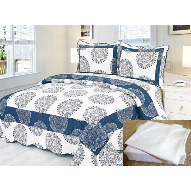 Ensemble de surfaces réversibles, Courtepointe de très grande taille et 6 pièces s, Blanc / bleu marine
