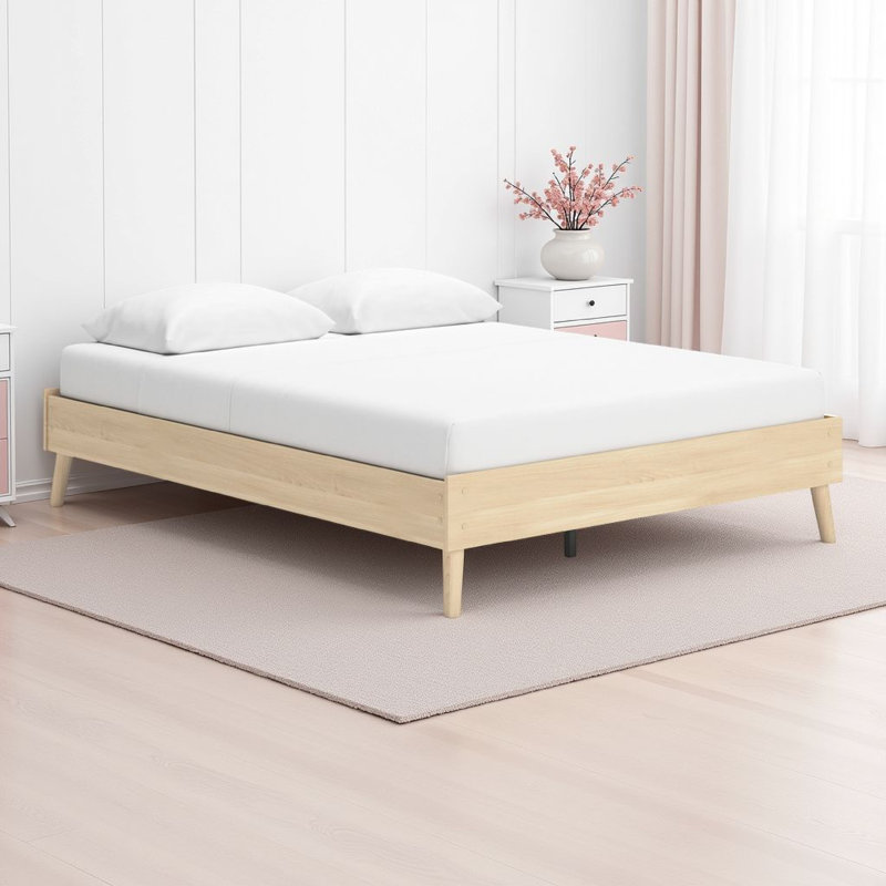 Abis Platform Bed, Natural Brown Wood, Low Profile Tapered Legs, Queen