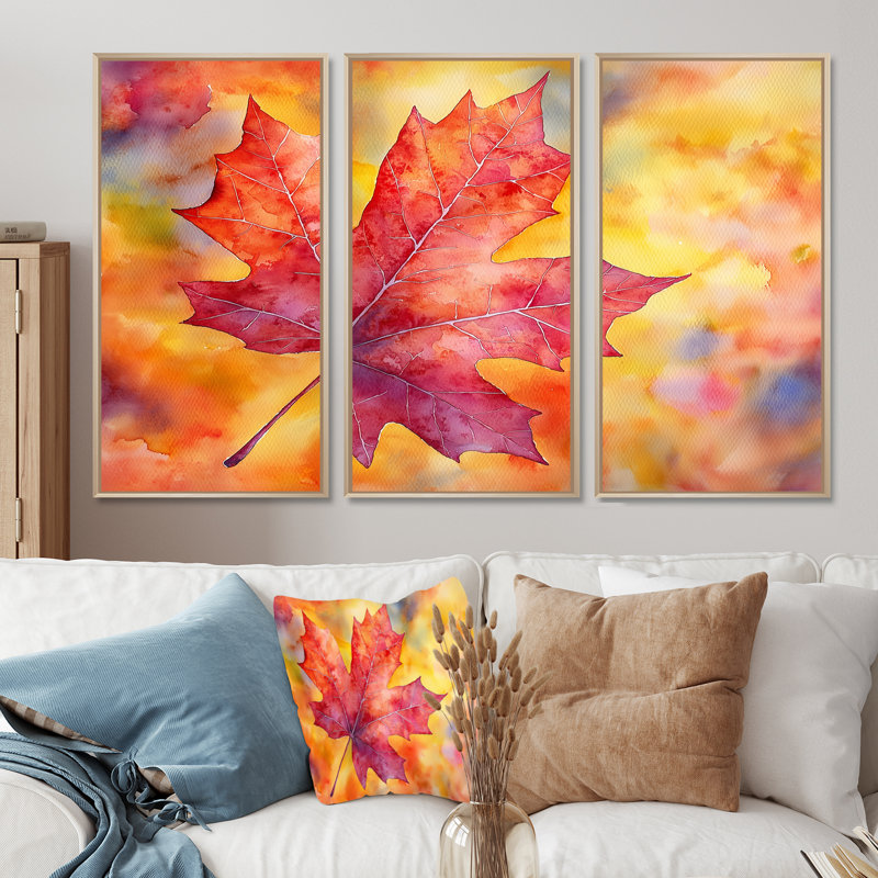 Feuille d'érable d'automne I - feuilles, art mural - 3 panneaux, H 32 po x l 48 po, Impression encadrée sans passe-partout