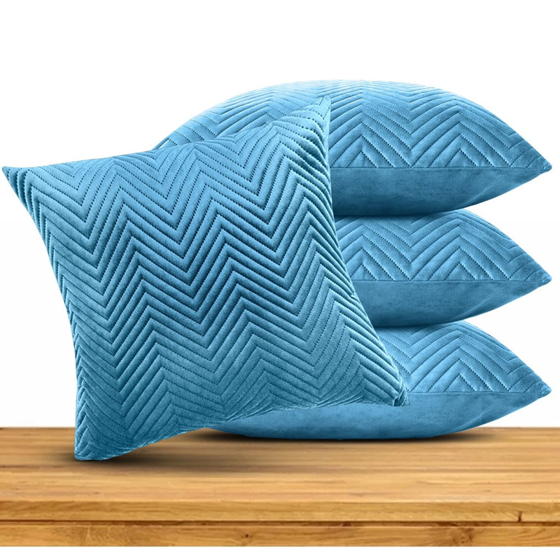 Embossed Quilted Chevron Decorative Cushion Cases - Set of 4 Modern Couch & Bed Décor Velvet Throw Pillow Covers , Teal