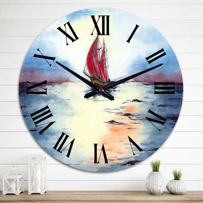 Un paysage marin de mauvaise humeur avec un voilier avec voiles - Horloge murale nautique et côtière