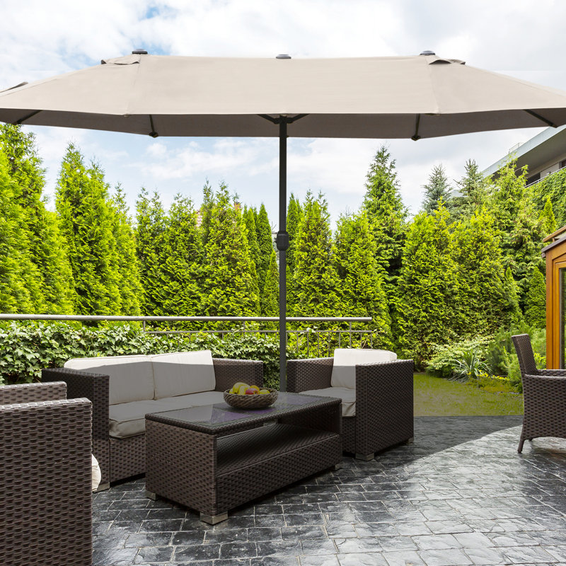 Parasol de terrasse de 15 pi, acier rectangulaire, pare-soleil double face, manivelle sans effort, acier rectangulaire café, protection, manivelle simple,