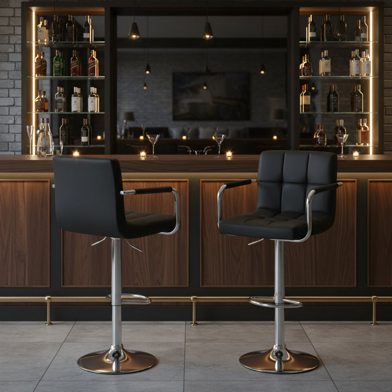 Ensemble de 2 pièces, noir, cuir PU, tabourets de bar, réglables et pivotants, avec accoudoirs et dossier, convenant aux cuisines et aux salles à manger.