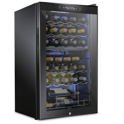 Schmecke 33 Bottle Freestanding Wine Refrigerator, Dual Zone Wine Fridge with Lock, Black