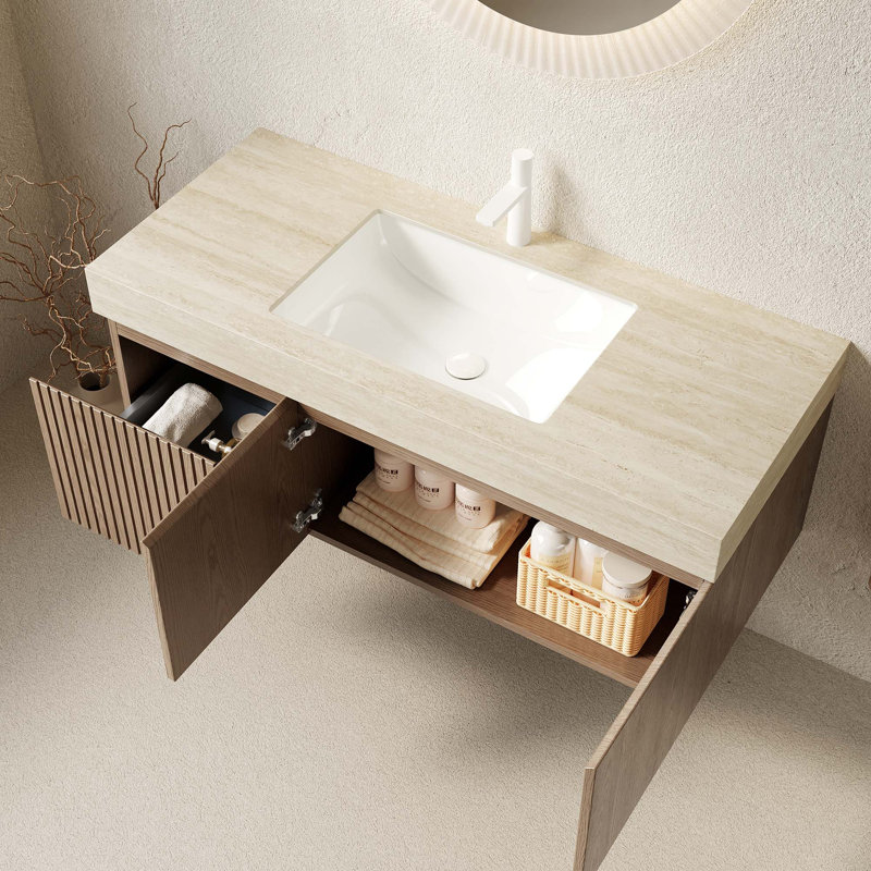Meuble-lavabo flottant pré-assemblé avec comptoir en pierre frittée et lavabo en céramique Roma Travertine, Beige, Brun pâle