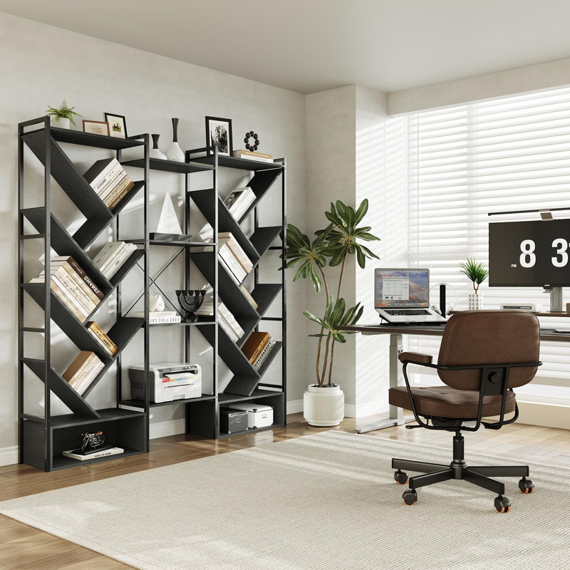 6-Tier Industrial Tree Bookshelf, Triple Column Wooden Large Bookcase with 24 Open Display Shelves, Tall Standing Tree Shelf Storage Rack