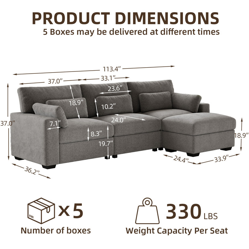 Canapé modulaire simple 113 po 3 places avec repose-pieds en mousse haute densité Simple Modern, 3, Gris