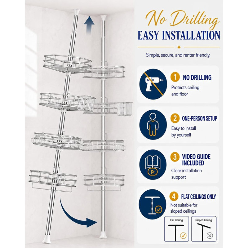 Barre de tension antirouille pour panier de douche en coin, organisateur de salle de bain à 4 niveaux avec étagères réglables pour shampoing, savon et articles de toilette