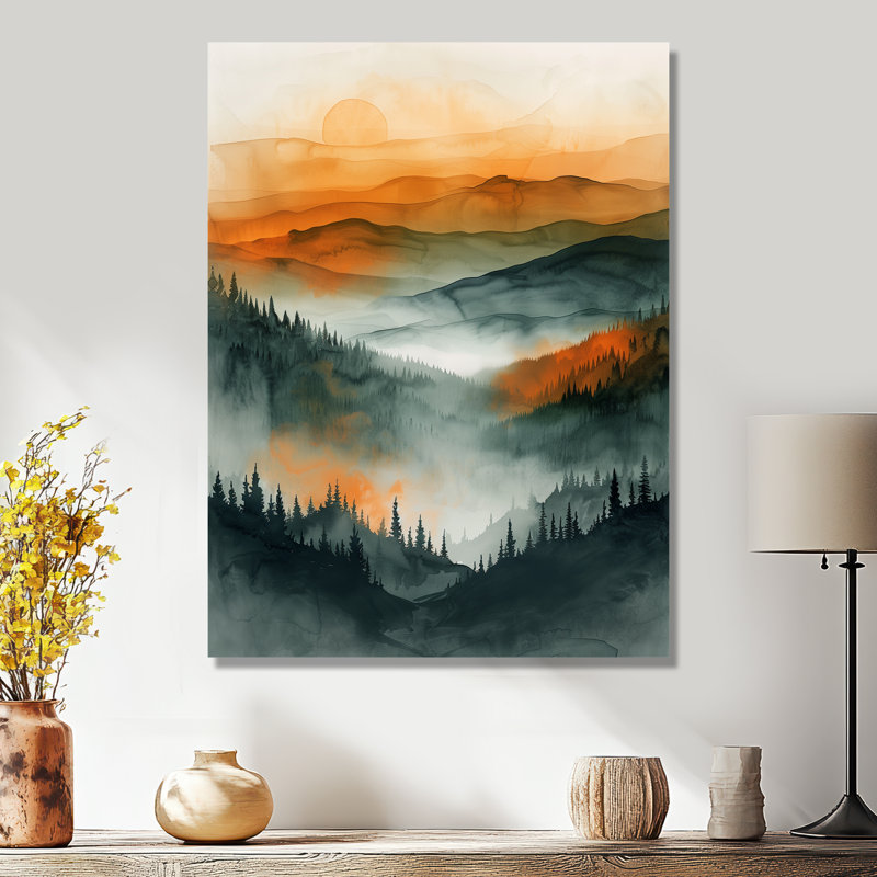 «Orange Green Forest Wilderness At Sunset III», art mural forêt, Sans cadre, métal, H 20 po x l 12 po