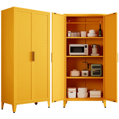 Armoire de cuisine de style ferme de 155 cm de haut, meuble de rangement en métal jaune avec 2 portes à persiennes et 3 étagères réglables, meuble sur pieds pour entrée, chambre d'enfant, maison, bureau