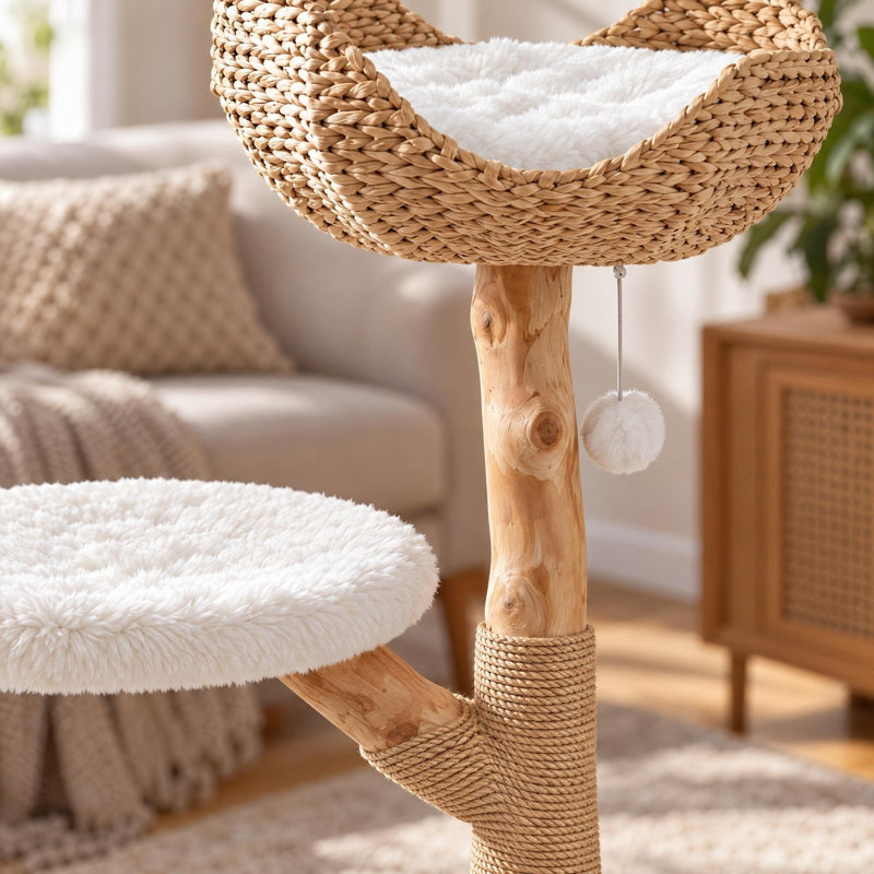 Arbre à chat bohème en bois massif avec panier en osier pour chats d'intérieur