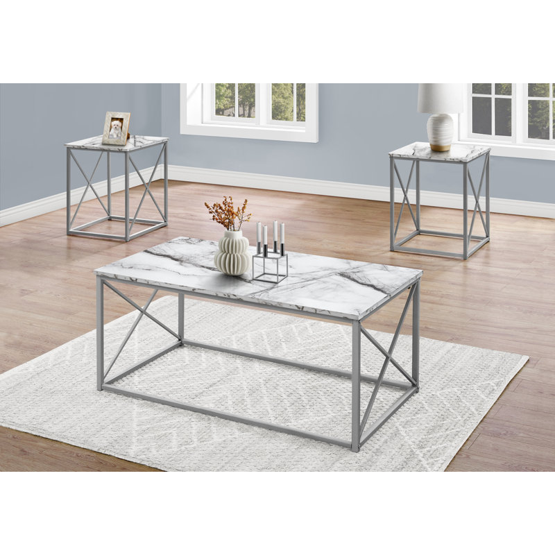 Table Set, 3pcs Set, Coffee, End, Side, Accent, Living Room, Metal, White Marble-look