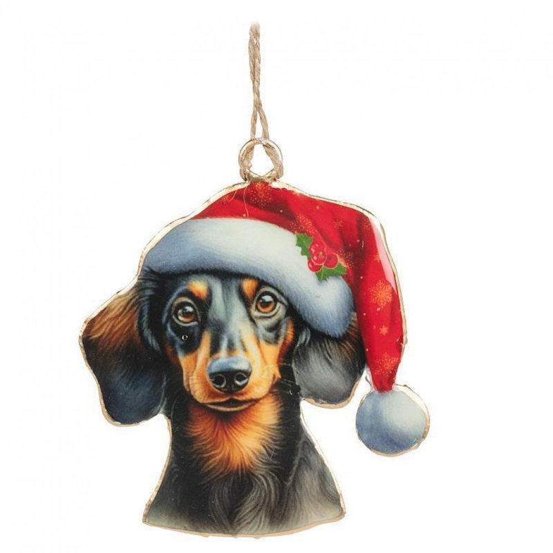 Ornement en forme de teckel avec chapeau de père Noël