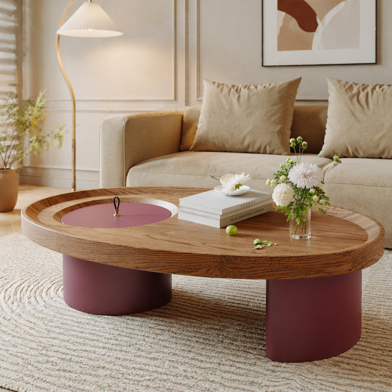 Table basse 45,3 po ovale en bois avec rangement, plateau en noyer avec pieds rouges