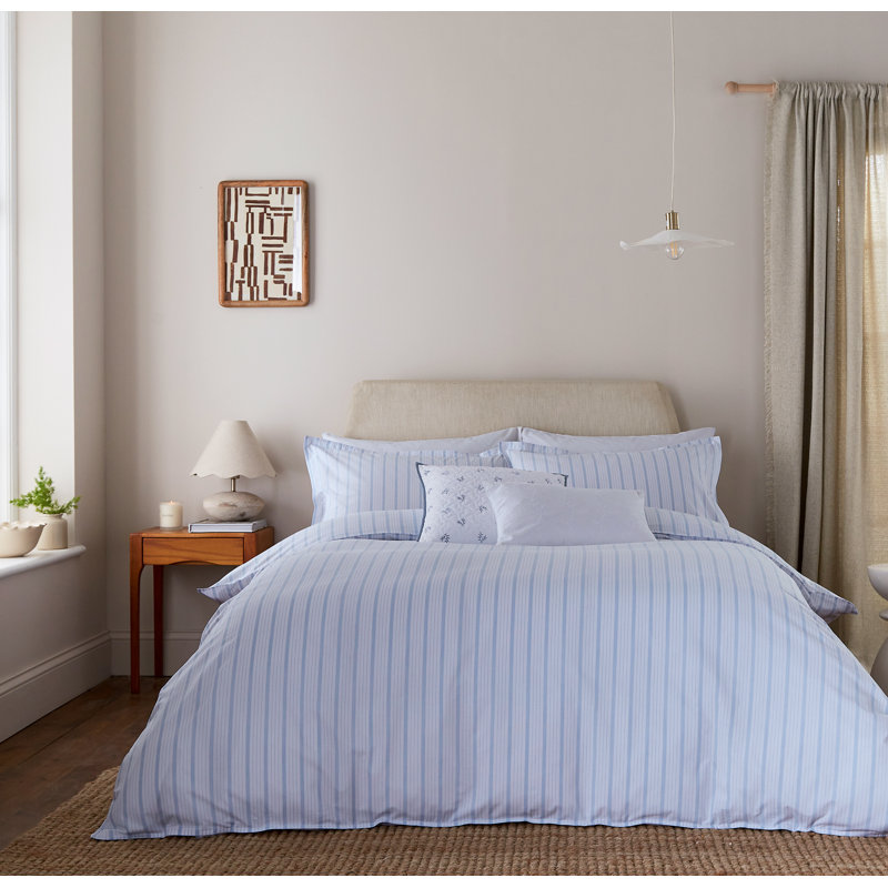Juno Cotton Striped Duvet Cover Set with Pillowcases Included, Blue, Double Duvet Cover + 2 Pillowcases