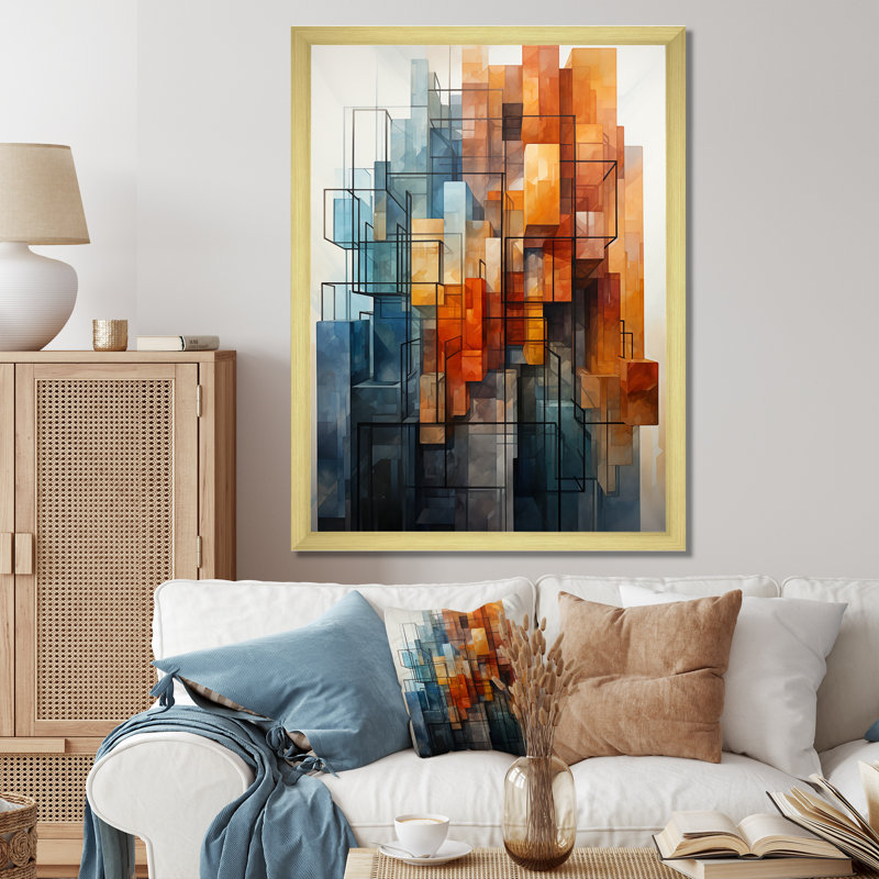Abstrait, paysage urbain, gratte-ciel, formes abstraites, art mural, Encadrement doré, H 32 po x l 16 po x P 1 po