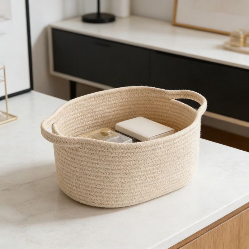 Handwoven Cotton Storage Basket With Reinforced Handles, Collapsible Decorative Organizer For Nursery, Home, And Gift Giving