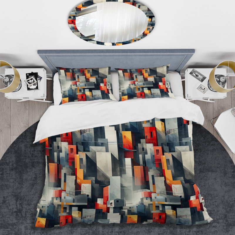 Ensemble de housse de couette rayé Grey Cubic Striped Wall Pattern, Housse de couette pour grand lit et 2 taies décor