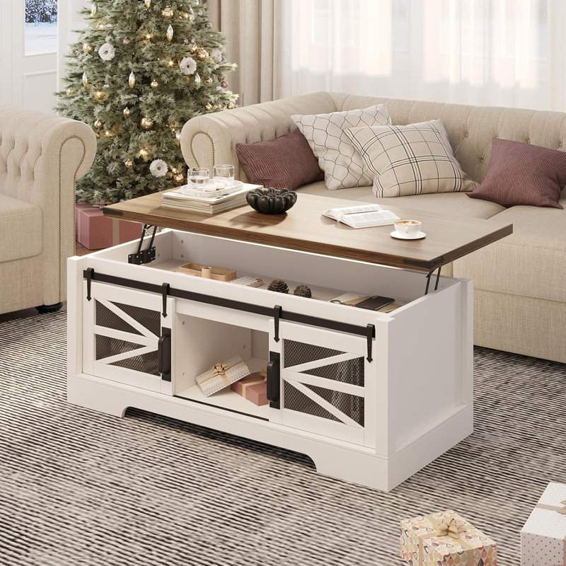 Table basse à plateau relevable, table basse multifonctionnelle avec porte de grange coulissante, compartiment de rangement caché