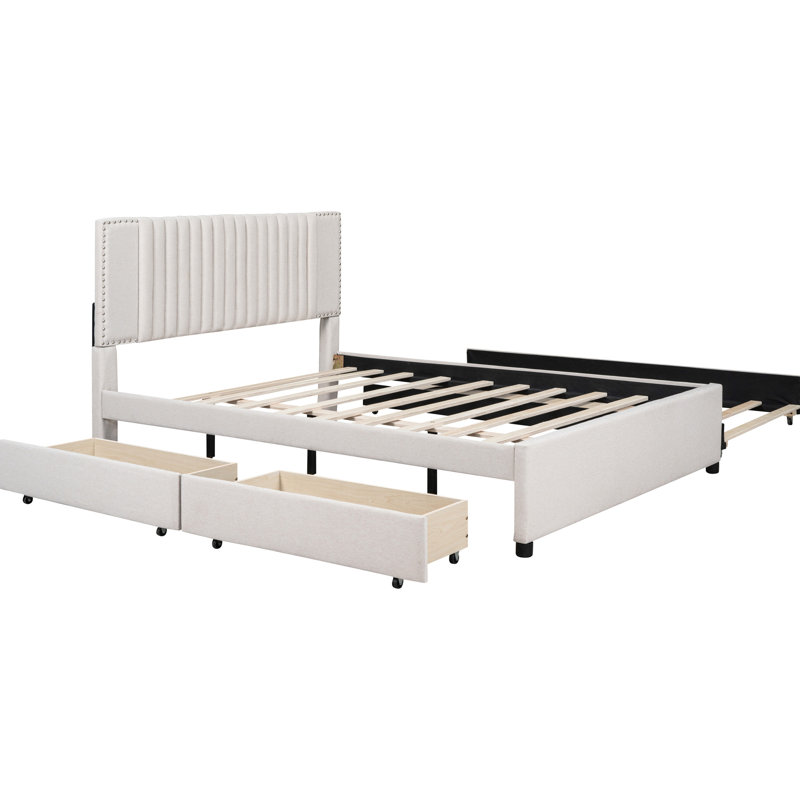 Lit plateforme tapissier beige avec 2 tiroirs - Lit gigogne classique pour la détente dans la chambre à coucher et lit gigogne
