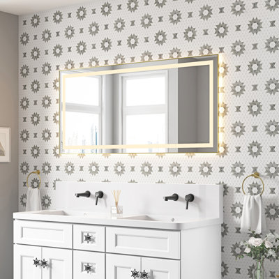 Miroir de salle de bain mural 60 po x 28 po avec cadre en aluminium, brouillard, mémoire, 3 couleurs, gradation continue, or brossé pour une belle et pratique salle de bain sophistiquée