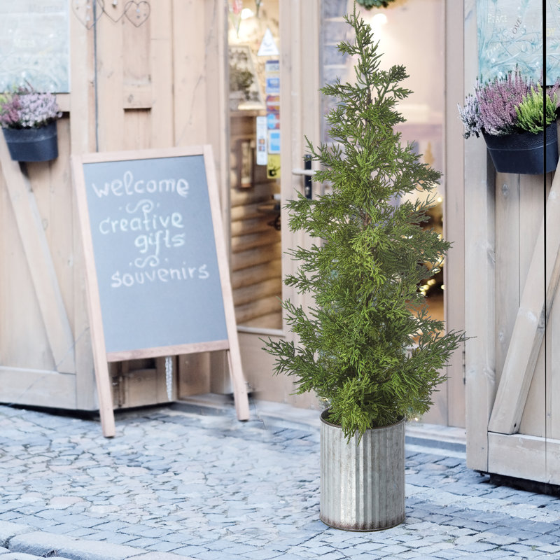 Faux Cedar Tree in Metal Pot, 26" H x 5" W x 5" D