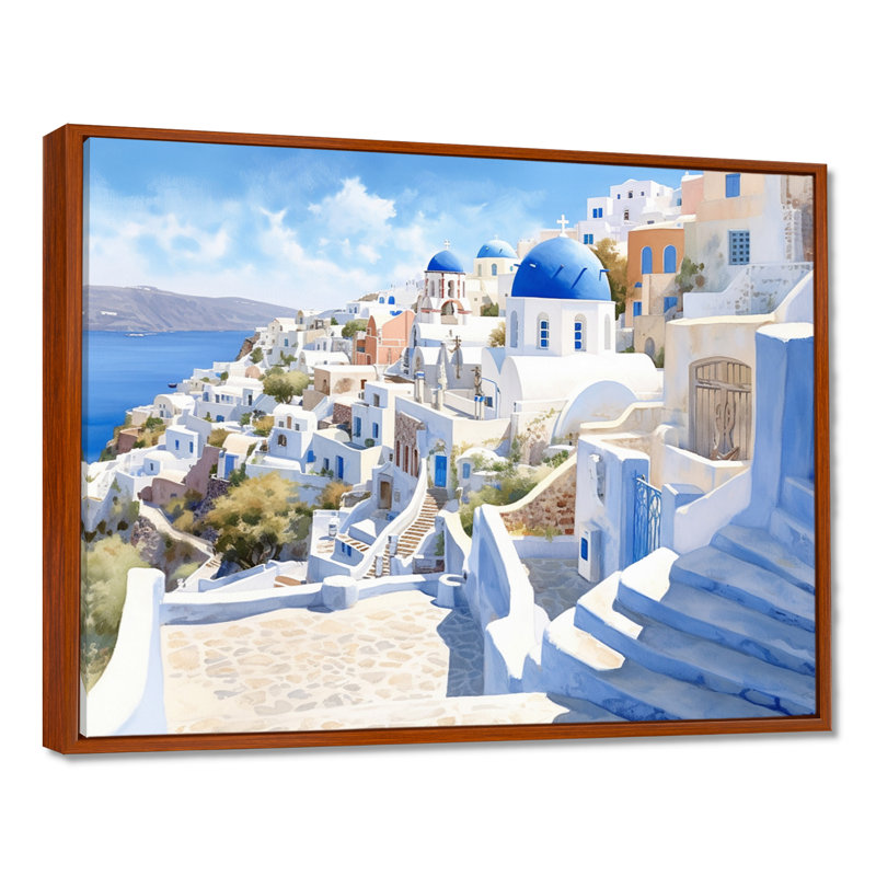 Grecque Santorini Odyssey II - Grèce, art mural, H 30 po x l 40 po x P 1,5 po, Cadre flottant brun