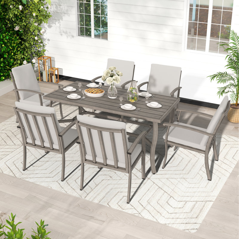 Ensemble de salle à manger rectangulaire en aluminium avec coussins Willesden, 6, Gris