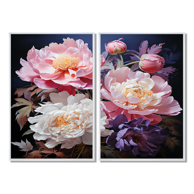 Art asiatique pivoines en rose II - art mural sur toile rose 2 panneaux