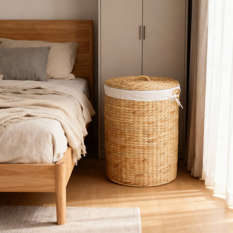 Abercromby Water Hyacinth Round Laundry Hamper with Lid, Light Brown 15 in – Wicker Laundry Basket with Removable Liner for Dirty Clothes, Bedroom or Nursery