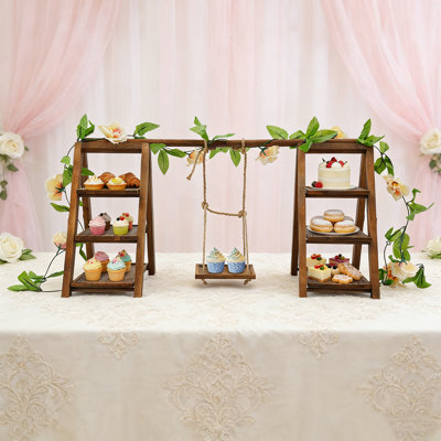 3-Tier Wooden Cupcake Stand, Dessert Display Stand With Swing And Flower Decoration, Cupcake Display Serving Ladder Stand